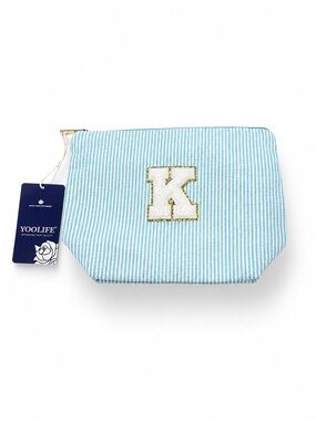 YOOLIFE Seersucker Initial “K” Cosmetic / Makeup Bag – Aqua Stripe NWT